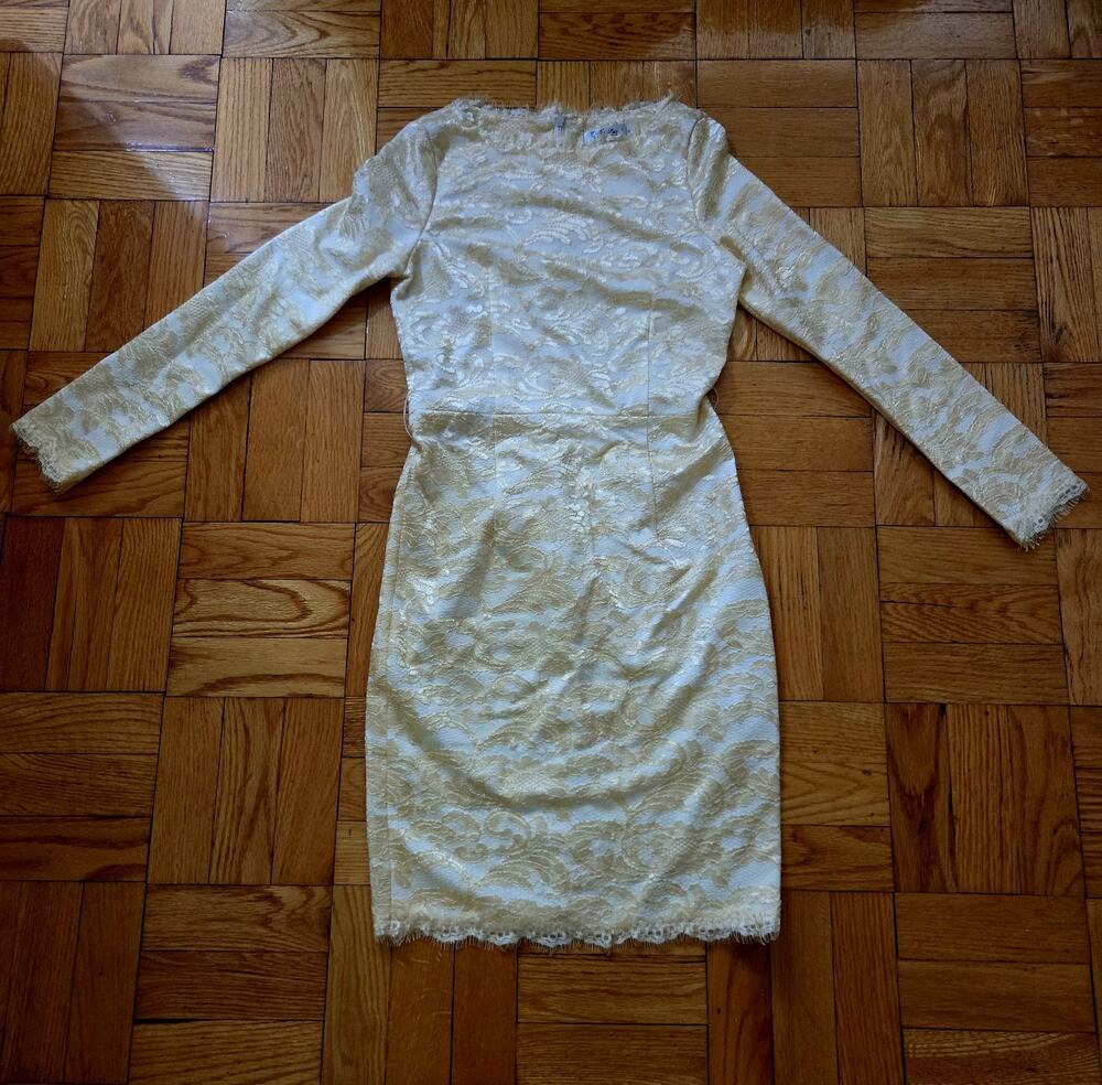 Yi Mi Lan Sz M Gold And Ivory Long Sleeve Fitted Knee Lenghth Dress Y2k
